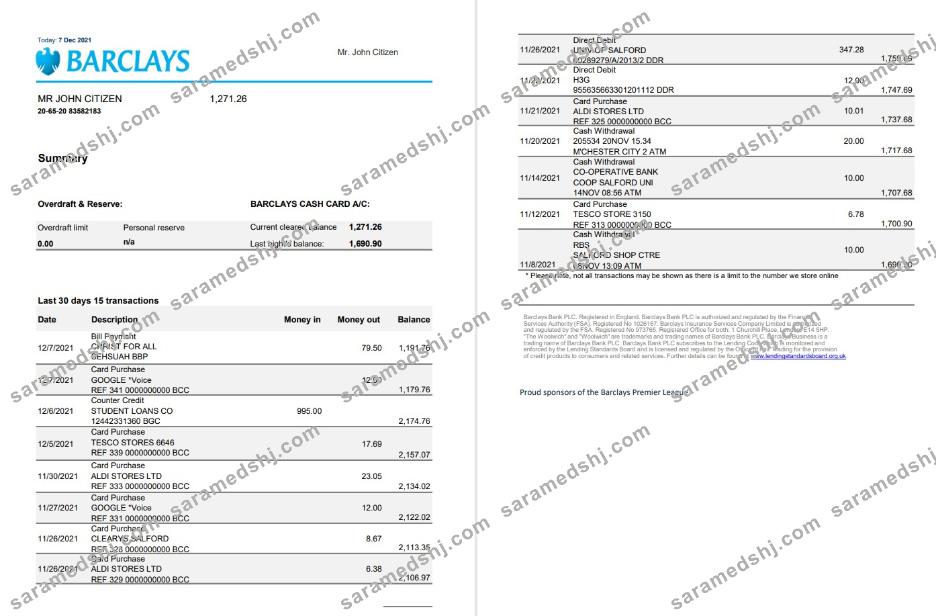 United Kingdom Barclays bank statement template in Excel and PDF format, version 3 (2 pages)